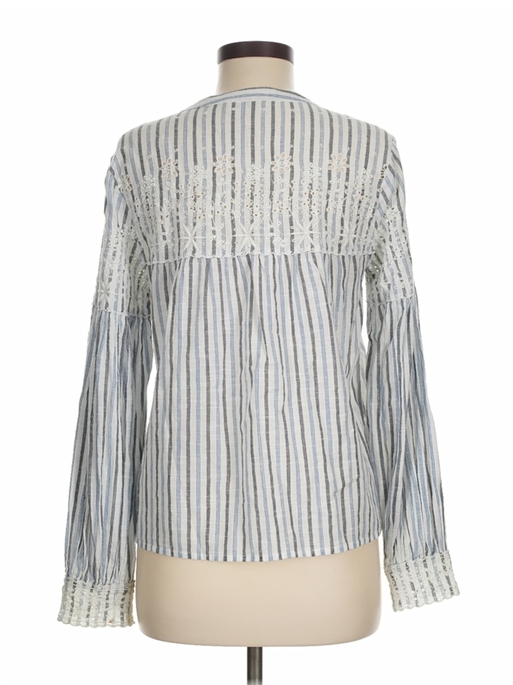 LoveShackFancy Striped Eyelet Blouse Boho Top Blue White Tassel Size M - Picture 3 of 8